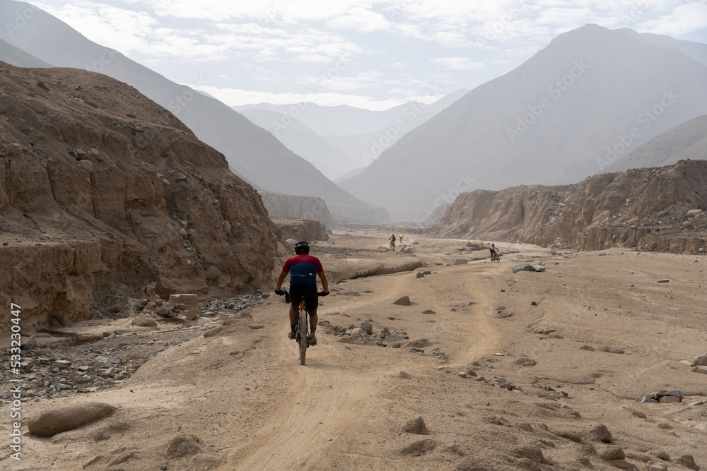 Person riding a bike in the desert. spectacular scene