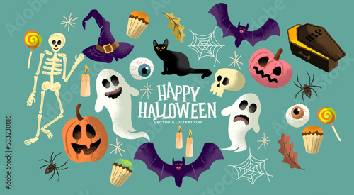 A collection of trick or treat halloween event characters and objects with ghosts, pumpkins and sweets.