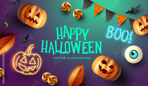 Happy halloween event mockup design background. including grinning jack o lantern pumpkins and sweet treats. Vector illustration.