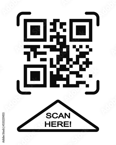Scan here icon. QR code template. Fake example of quick responce matrix barcode in square grid. Mobile phone camera readable digital label isolated on white background. Vector graphic illustration
