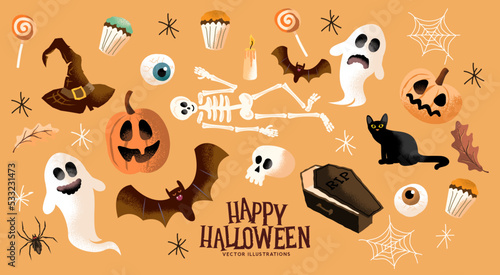 Happy halloween cute decorations and characters. Vector illustration