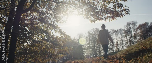 Woman walks at autumn or fall forest enjoys sunny nature sun flares