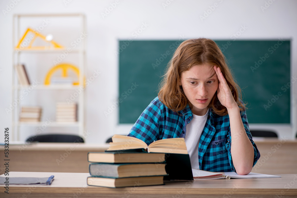 Young female student preparing for exam in the classroom Young female student preparing for exam in the classroom