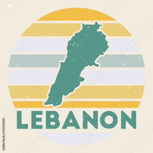 Lebanon logo. Sign with the map of country and colored stripes, vector illustration. Can be used as insignia, logotype, label, sticker or badge of the Lebanon.