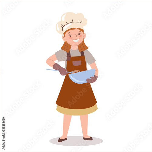 Child is cooking in the kitchen.  Little girl beats dough in bowl with  whisk. Kid in an apron and chef hat bakes pie. Vector illustration in flat style isolated on white background.