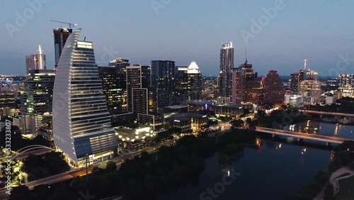 Austin Texas Skyline Late Dusk Colorado River Ladybird Lake 2022
