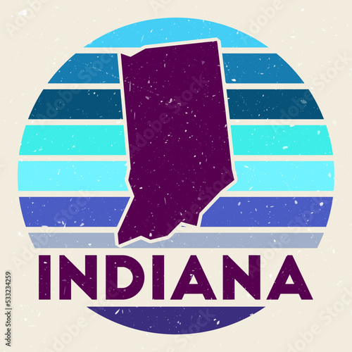Indiana logo. Sign with the map of the US state and colored stripes, vector illustration. Can be used as insignia, logotype, label, sticker, or badge of Indiana.