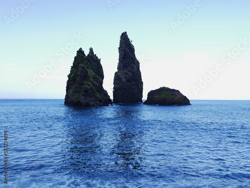 Sea stacks,rocks at alagoa bay, flores island on the azores Portugal