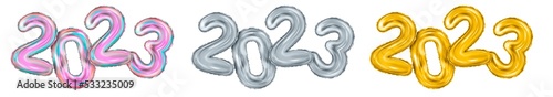 2023 3d Realistic Holographic, golden and silver Foil Balloons isolated on white . 3d rendering Merry Christmas and Happy New Year 2023 greeting banner. Balloon Numbers.