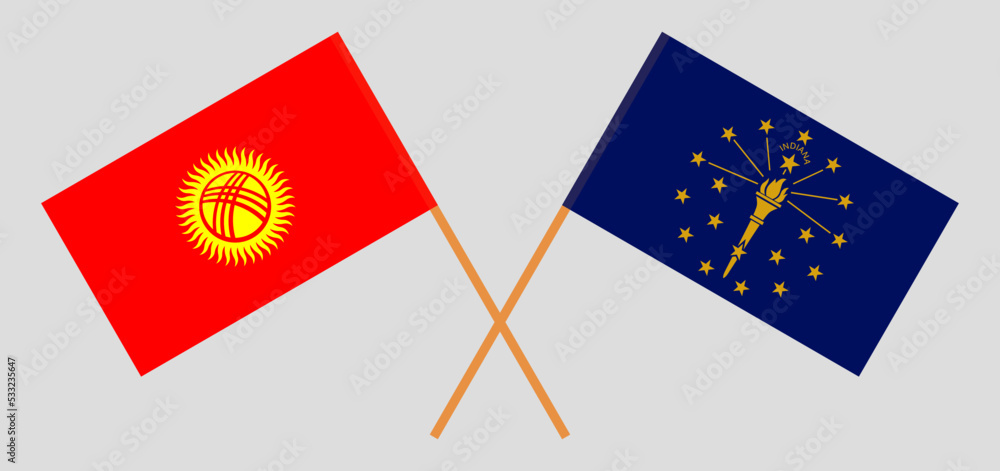 Crossed flags of Kyrgyzstan and the State of Indiana. Official colors. Correct proportion Crossed flags of Kyrgyzstan and the State of Indiana. Official colors. Correct proportion