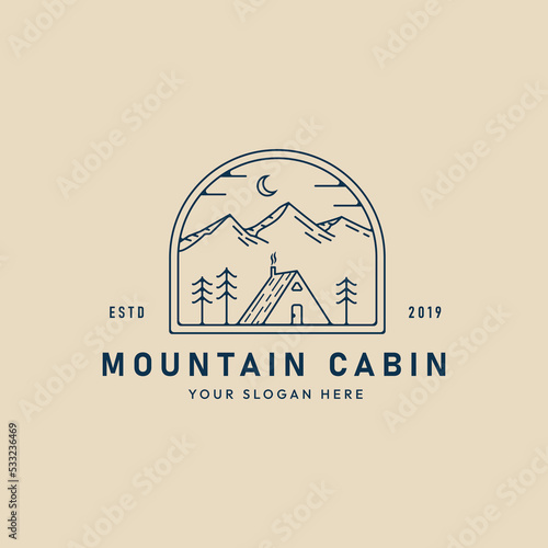 mountain cabin line art logo, icon and symbol, with emblem vector illustration design