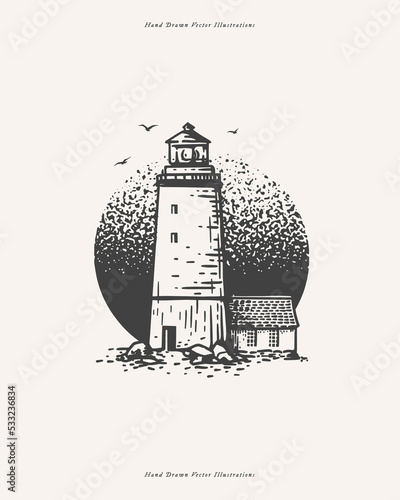 Ancient lighthouse building in engraving style. Nautical lighthouse on isolated background. Symbol of safety of navigation and tourism. Vintage vector illustration for postcard, book, textile design.