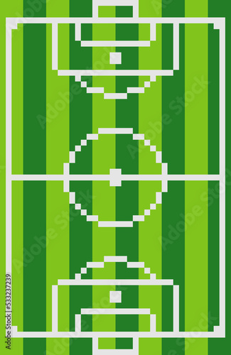Pixel art with soccer field viewed from above.