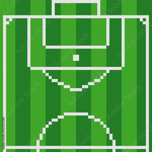 Pixel art with soccer field viewed from above.