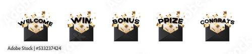 Set luxury notifications with different words and black email with golden confetti and glitter dots vector illustration isolated for advertising and promotion