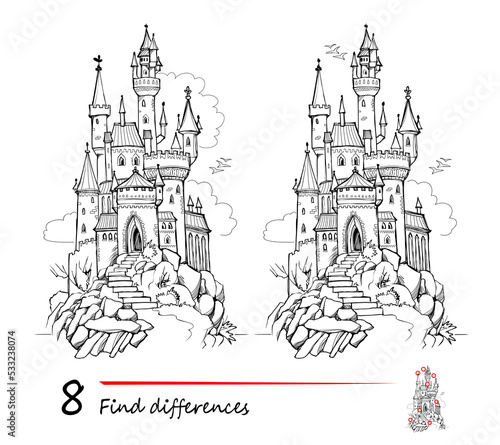 Find 8 differences. Illustration of ancient medieval castle. Logic puzzle game for children and adults. Page for kids brain teaser book. Developing counting skills. Vector drawing.