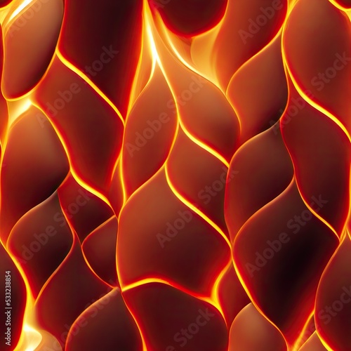 Stones of fire in a path on lava texture background and tile template. Close-up of fire stones of lava element for an endless tiled pattern. Dragon scales of fire. 3D illustration seamless background