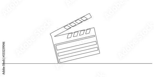 One continuous line drawing of clapper board. Action movie scene and retro video production in simple linear style. Outline editable stroke. Doodle vector illustration