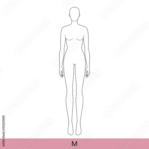 M Size Women Fashion template 9 nine head Croquis Lady model skinny body figure front view. Vector isolated outline sketch girl for Fashion Design, Illustration, technical drawing