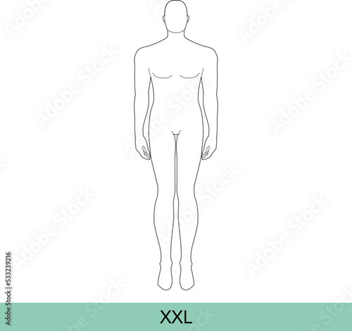 XXL Size Men Fashion template 9 nine head size Croquis extra large plus size Gentlemen model Curvy body figure front view. Vector outline boy for Fashion Design, Illustration, technical drawing