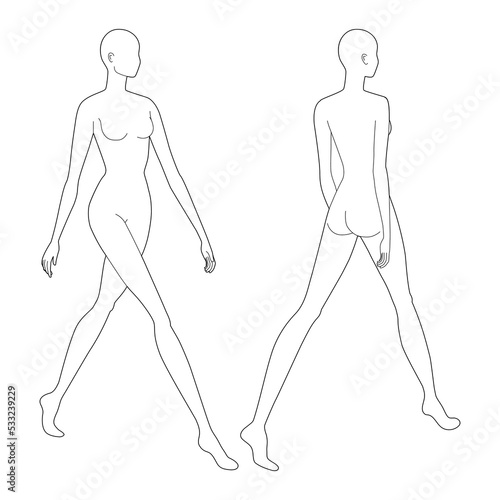 Set of Walking women Fashion template 9 nine head size female for technical drawing. Lady figure front 3-4 and back view. Vector outline girl for fashion sketching and illustration.