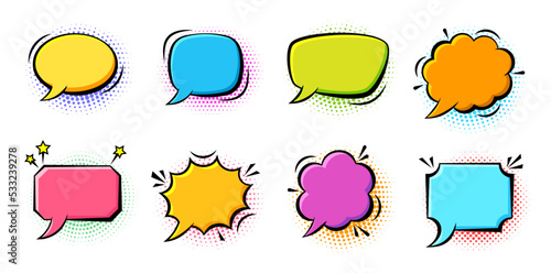 Retro sketch speech bubble icon set. Cartoon pop art bubbles on color halftone background. Explosion boom, burst, wow effect empty frame. Fun comic page dialog text message balloon template shapes