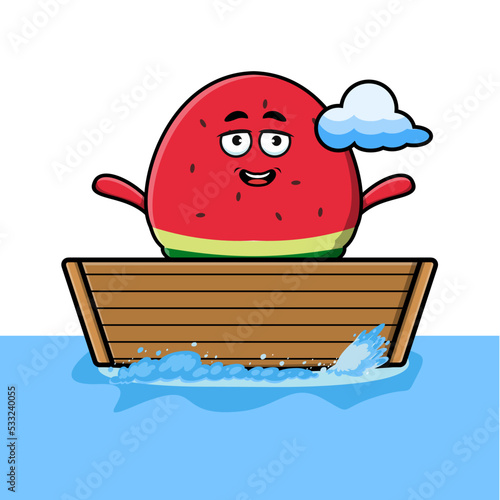 cute cartoon Watermelon get on boat in vector character illustration