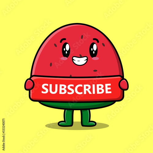 Cute cartoon Watermelon character holding red subscribe board