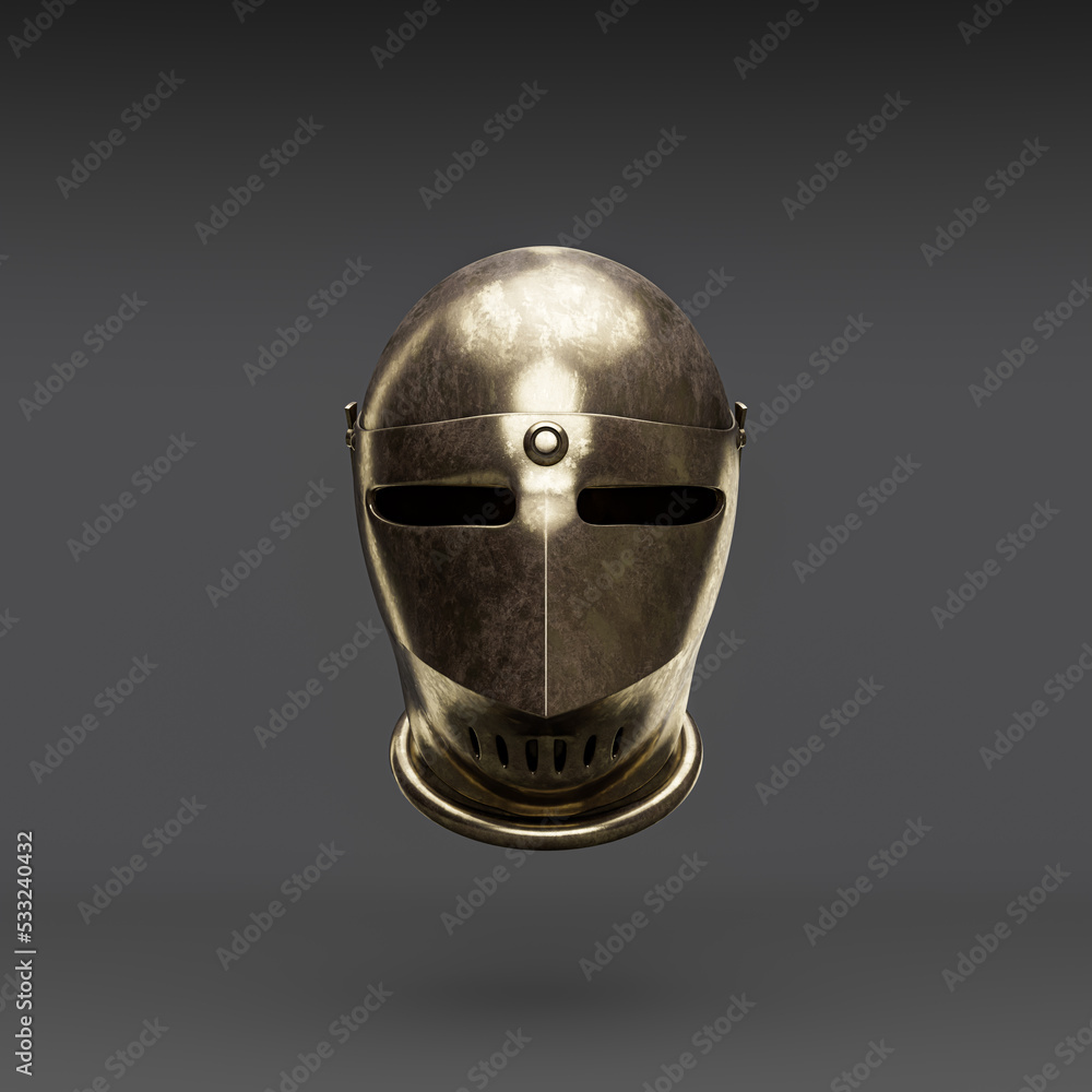 Metallic medieval knight helmet. Front view crash helmet. Ancient