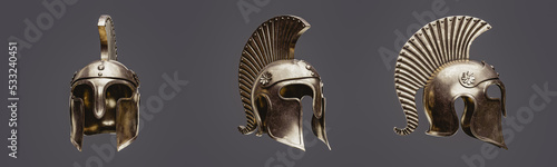 Three warrior helmets from 3 view angles, Old brass metal helm, 3d rendering