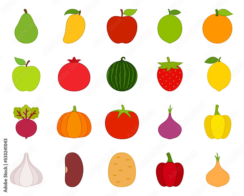 Set of cute fruits and vegetables Set of cute fruits and vegetables