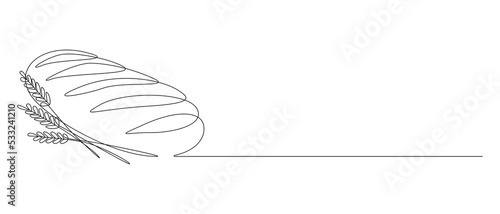 One continuous line drawing of french baguette bread. Baking loaf concept for bakery shop with plant wheat in simple linear style. Outline editable stroke. Doodle vector illustration