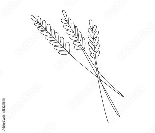 One continuous line drawing of ears of wheat or rice. Organic healthy agriculture plant and bakery concept for breakfast cereal in simple linear style. Editable stroke. Doodle vector illustration