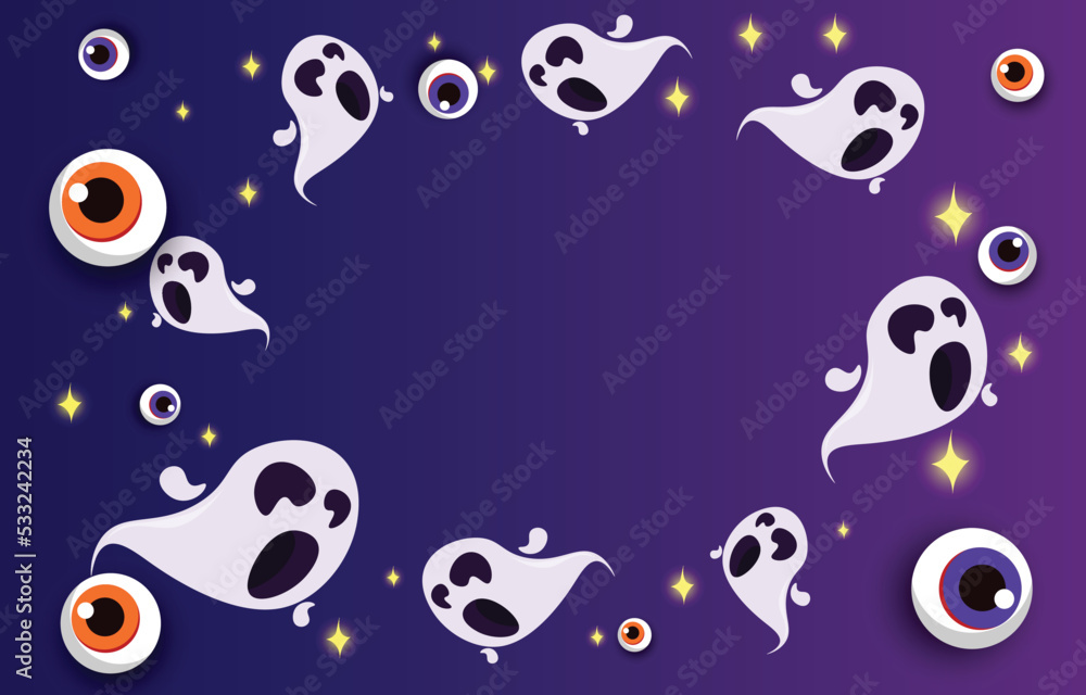 Fototapeta premium Halloween background. Decorated with ghost spirits and brightly colored eyeballs. with copy space to design. Scary and haunting vector illustration.