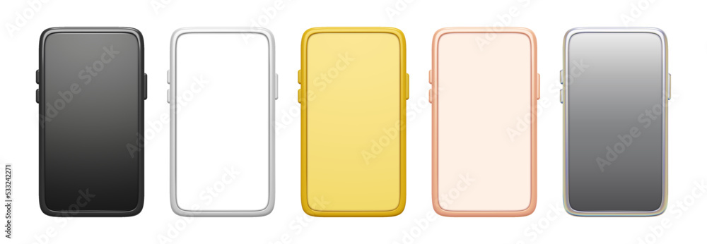 Mobile phone mockup. Smartphone frame template, empty screen cell phones for app presentation. Isolated flat front view with 3D stylization vector set Mobile phone mockup. Smartphone frame template, empty screen cell phones for app presentation. Isolated flat front view with 3D stylization vector set