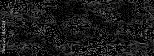 Black topographic map. Terrain contour, geographical atlas pattern and relief topology texture. Hiking navigation seamless vector background