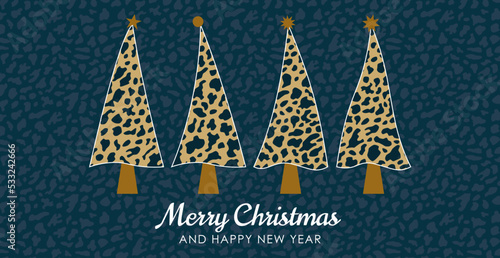 Merry Christmas Karte Weihnachtsbaum in dunkelblauer Leder-Optik, Leoparden oder Schlangen-Muster, abstrakte Kunst