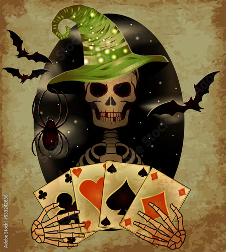 Happy Halloween casino banner, skeleton with poker cards, vector illustration