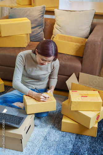 A portrait of a small startup, an SME owner, an Asian female entrepreneur checking orders to arrange the produce before packing the products in the inner boxes with the customers. Freelance concepts