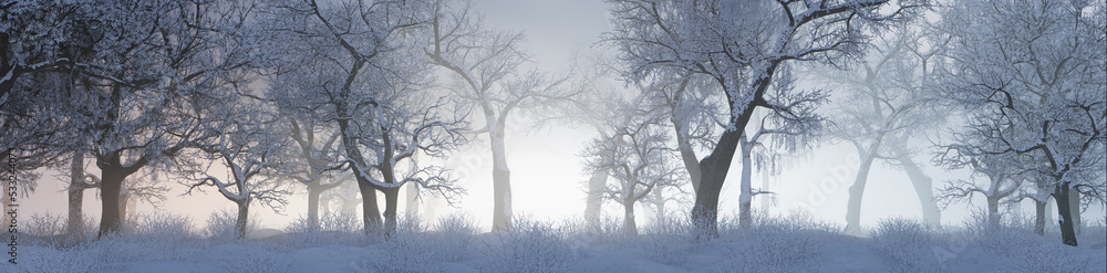 Winter Woodland with Snow covered Trees in a Pale Mist. Seasonal Banner. Winter Woodland with Snow covered Trees in a Pale Mist. Seasonal Banner.