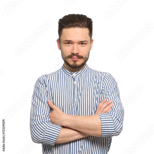 Handsome man in striped shirt crossing his arms on white background