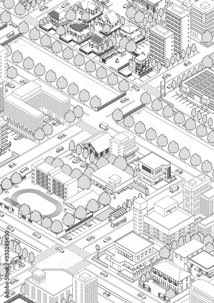 街並みの立体図. 都市の景観. 線画のイラスト.