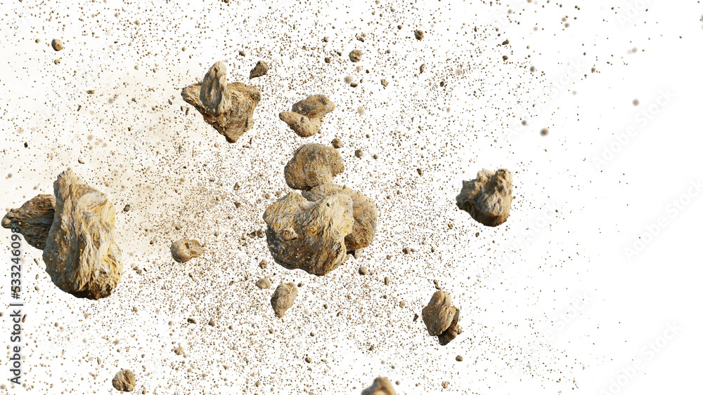 flying debris with dust on black background