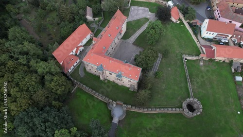 Budyne nad Ohri,Czech republic-July 14 2022:Aerial panorama landscape view of gothic Castle Budyne nad Ohry,Ceske stredohori region of Czech republic,Europe photo