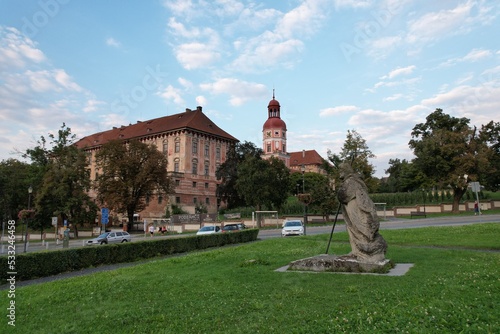 Roudnice nad Labem,Czech republic-August 6 2022:Roudnice nad Labem historical city center with fountain and castle panorama cityscape,Europe photo