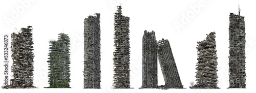 set of ruined skyscrapers, tall post-apocalyptic buildings, isolated on white background