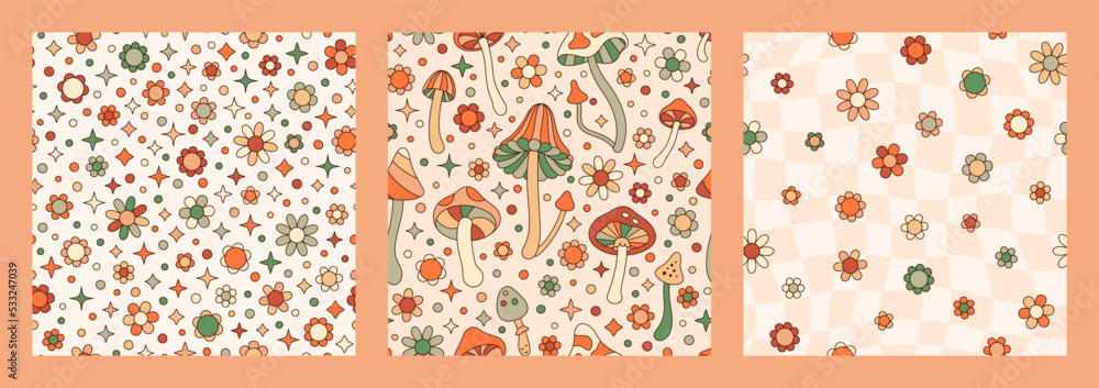 Groovy Mushrooms and Daisy Flowers Seamless Patterns Set. Retro Hippie Vector Background in 70s 80s Style
