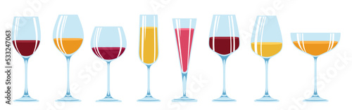 Wineglass different types set. Glass for red, white, sparkling wine champagne liquor alcohol beverages, various shapes. Winemaking advertisement bar design for cafe, restaurant vector