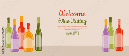 Banner welcome wine tasting party. Vintage advertisement poster card with wine bottles. Retro design winemaking bar template background. Restaurant alcohol menu, invitation mockup flyer
