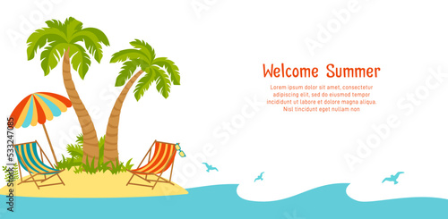 Welcome Summer banner, beach island background. Tropical palm trees and sea sand, ocean landscape template. Advertisement poster summer relaxation postcard. Vector invitation party flyer or card
